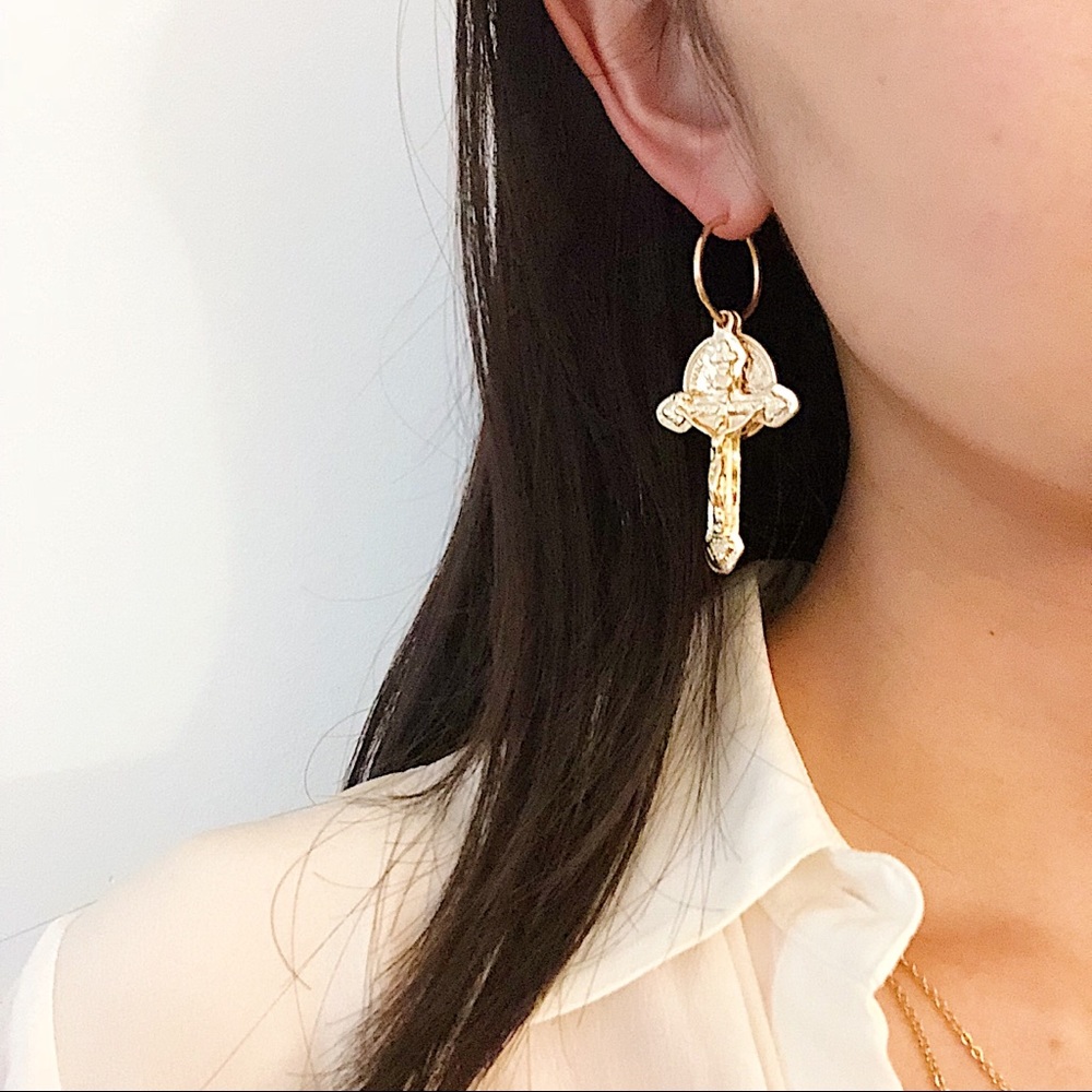 Gold Pendant Coin and Cross Religious Earrings - Picture 7 of 7